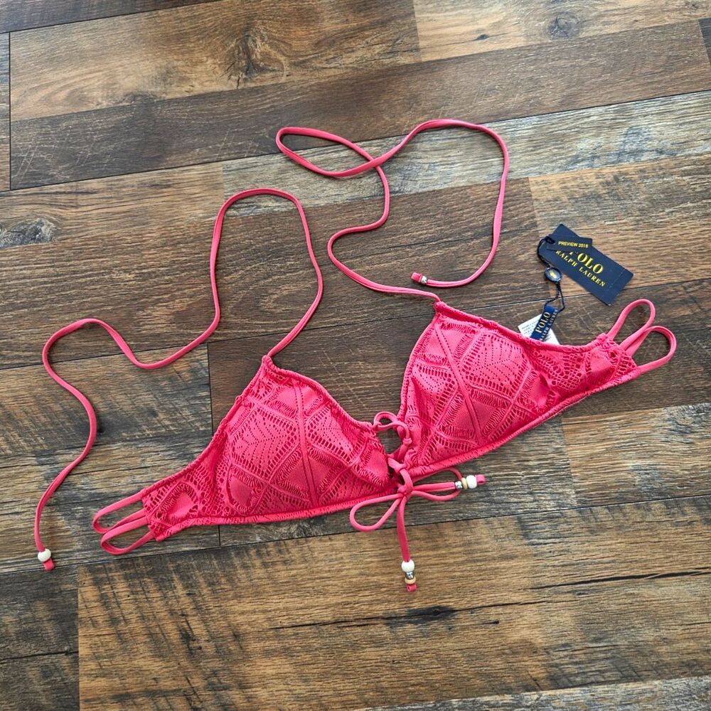 NWT Ralph Lauren Swim Bordeaux Bralette Crochet Bikini Top Strawberry Pink Sz M